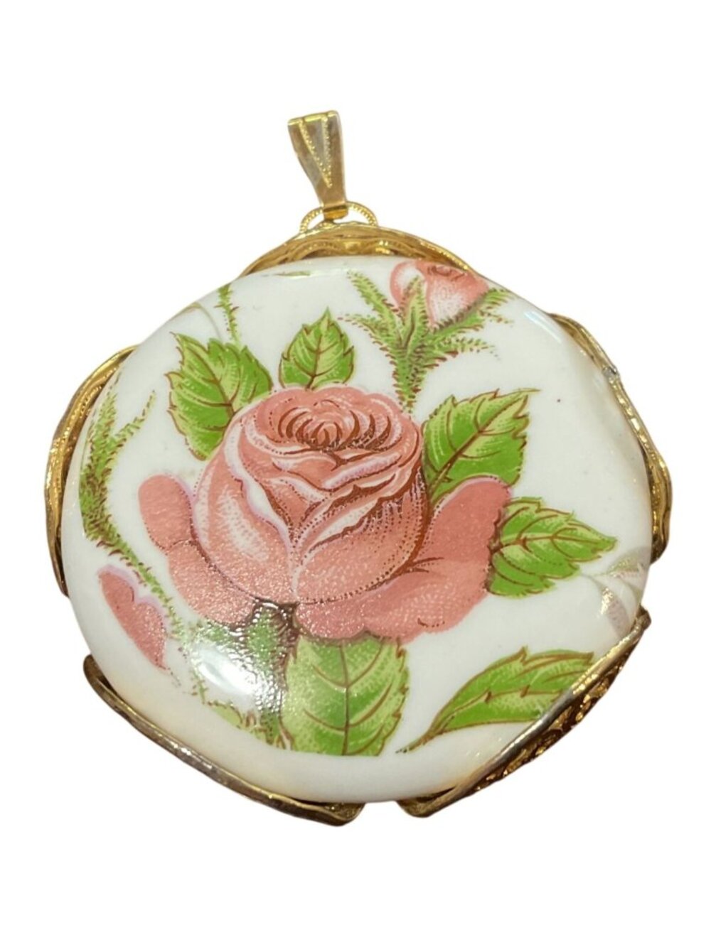 Vintage Style Pink Rose Pendant Gold-tone Metal Rose on Ceramic 1.5" Diam